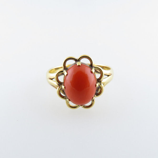 18K Yellow Gold Red Coral Cabochon Ring - Ruby Lane